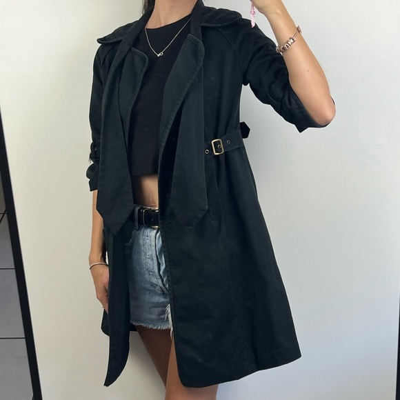 Decjuba Trench Coat Jacket Black Denim Mid Length Buckles Half Sleeve Size 8 - Picture 2 of 16